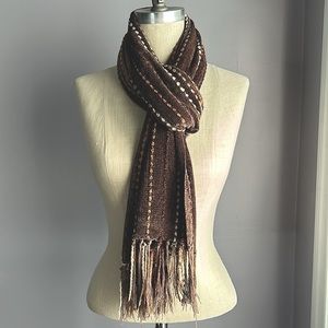 Chenille neutral striped brown tan carmel and cream textured scarf with fringe